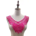 Close-up of fuchsia water-soluble lace collar featuring intricate floral butterfly embroidery - Rose Red