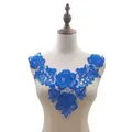 Detailed view of blue water-soluble lace rose embroidery collar on mannequin - Blue