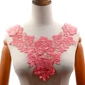 Close-up detail of pink floral water-soluble lace embroidery collar for DIY sewing projects - Rose Pink