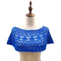 Detailed view of royal blue lace crochet hollowed-out capelet shrug on a dress form - One Size / Tops / Sapphire Blue