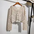Bohemian style hollow out crochet cardigan with long sleeves and front buttons detail - Tops / Apricot