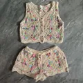 Bohemian crochet knit two-piece set featuring a colorful floral vest and shorts - Top And Bottom / Rainbow