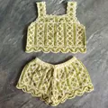 Detailed view of a green and white crochet two-piece knit set with scalloped edge hem - Top And Bottom / Green
