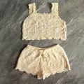 Handmade cream crochet two-piece set featuring hollow-out knit patterns and scalloped edges - Apricot