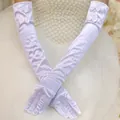 Long white satin bridal gloves with elegant bow details for weddings - 53cm / White