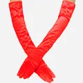 Elegant long red satin gloves with bow details for bridal evening gown party dress - 53cm / Red