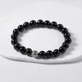 Close-up of black obsidian beaded bracelet with vintage S925 Thai silver filigree bead. - 925 Silver / Obsidian Style (C0058)