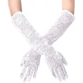 Primo piano di eleganti guanti lunghi da sposa in pizzo bianco con motivi floreali - Taglia unica / Bianco