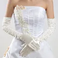 Elegantes guantes de novia largos de satén fruncido marfil - Blanco Roto