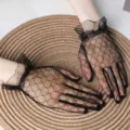 Elegant black vintage lace mesh bridal gloves with ruffled wrist detail for weddings - One Size / Black (S54-2)