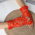 Red lace fingerless gloves with ruffled cuffs for bridal wedding dress accessories - One Size / Red