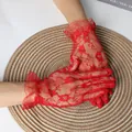 Elegant red short bridal lace gloves with floral pattern and ruffled wrist cuffs - One Size / Red (S54-1)