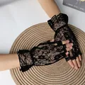 Elegant short black lace fingerless gloves with floral ruffles for bridal accessories - One Size / Black