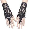 Elegant black lace fingerless gloves with sequins and floral patterns for brides. - One Size / Black Sequin