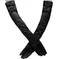 Elegant long black satin evening gloves featuring retro style and bow decorations - 53cm / Black