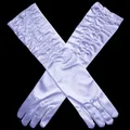 Elegant light purple long satin bridal gloves with retro pleated design and full finger style - One Size / White