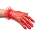 Elegant red lace bridal gloves with mesh pattern and ruffle wrist detail - One Size / Red