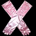 Elegant pink long satin gloves with pleated detail for weddings and bridal occasions. - One Size / Pink