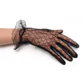 Elegant black lace bridal gloves with mesh pattern and ruffled wrist detail for weddings - One Size / Black