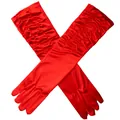Elegant long red satin pleated bridal gloves for weddings and bridesmaids accessories - One Size / Red