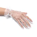 Elegant white lace mesh bridal gloves with ruffled wrist detail for wedding - One Size / White