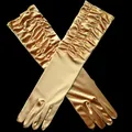 Champagne gold long ruched satin bridal gloves with full finger design for weddings - One Size / Gold