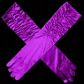 Vintage long purple satin bridal gloves with elegant ruched details for weddings - One Size / Purple