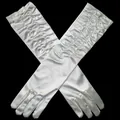 Elegant long white satin bridal gloves with vintage pleated texture for weddings and parties - One Size / Off White