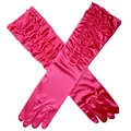 Long magenta satin bridal gloves with elegant ruched pleated design for weddings - One Size / Rose Red