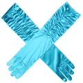 Elegant long light blue ruched satin bridal gloves full finger for wedding accessories - One Size / Lake Blue