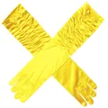 Elegant long yellow satin gloves with pleated cuffs for bridal and vintage evening wear - One Size / Yellow