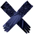 Elegant navy blue long satin gloves with pleated design for bridal and formal evening wear - One Size / Navy Blue