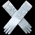 Long light blue ruched satin bridal gloves in full-finger design for wedding - One Size / Silver White