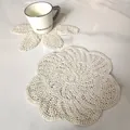 Detailed texture of a vintage cream white crochet lace flower coaster on a table - Diameter 21cm (Petal Shape) / 92# (Off-White)