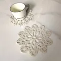 Detailed view of handmade crochet cotton coaster with vintage snowflake lace pattern - Style 81# Snowflake / Diameter 15cm / Apricot