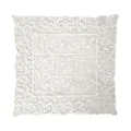 Macro detail of exquisite white lace floral embroidery on transparent mesh decorative cloth - 38cm Diameter / White