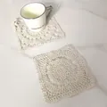 Detailed view of cream square crochet cotton lace coaster on marble surface - Round Classic Wavy Edge Coaster (8)