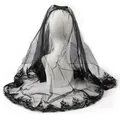 Black lace Halloween veil with floral embroidery and hair comb for wedding or costume - 80cm / Black