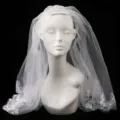 Elegant white lace wedding veil with delicate floral embroidery for brides - 80cm / White