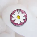 Customizable round pink glitter pet ID tag featuring a white daisy flower enamel design - Regular Fit / Pink