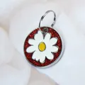 Customizable round pet ID tag with white daisy and red glitter background for dogs and cats - 14mm Ring / Red