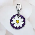 Stunning purple glitter pet ID tag featuring a delicate white daisy charm for dogs and cats - Lobster Clasp / Purple