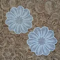 Close-up detail of white cotton net floral embroidery patches on a decorative lace background - White