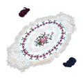 Top view of oval beige lace doily with pink floral embroidery and green leaves - Beige