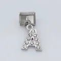 Italian modular bracelet link in silver stainless steel with crystal-inlaid letter A charm - Letter A / 1 Piece
