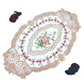 Detailed view of elegant oval floral lace doily with intricate pink rose embroidery details - Champagne