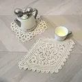 Close-up detail of handmade vintage hollow lace coasters in a lifestyle setting - Rhombus Style (74#) / 35x23cm / Apricot