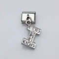 Stainless steel Italian charm link featuring crystal-encrusted letter I for modular bracelet - Letter I / 1 Piece