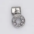 Silver stainless steel Italian modular charm link with dangling rhinestone circle pendant - Letter O / 1 Piece