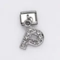 Stainless steel Italian charm link featuring a sparkling rhinestone letter P pendant - Letter P / 1 Piece